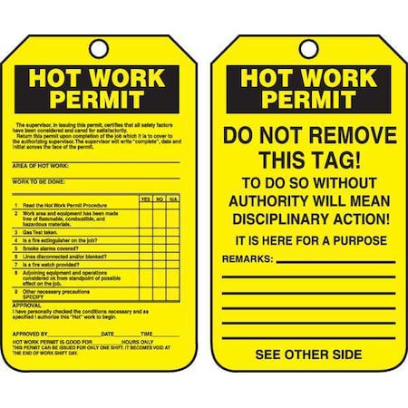 Permit Tag, Confined Space, Plastic, 5 3/4 in H x 3 1/4 in W, Yellow, Rectangle, 25 PK MPN:TCS361PTP