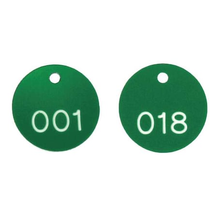 Engraved Numbered Tags, Plastic, 1 1/8 in H x 1 1/8 in W, 1 1/8 in Dia., Green/White, Round, 100 PK MPN:TDG300GN
