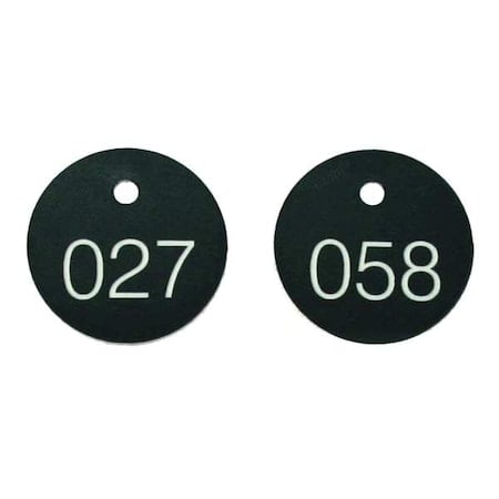 Engraved Numbered Tags, Plastic, 1 1/8 in H x 1 1/8 in W, 1 1/8 in Dia., Black/White, Round, 100 PK MPN:TDG301BK