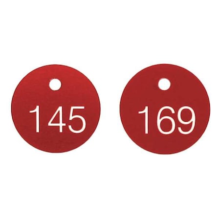 Engraved Numbered Tags, Plastic, 1 1/8 in H x 1 1/8 in W, 1 1/8 in Dia., Red/White, Round, 100 PK MPN:TDG301RD