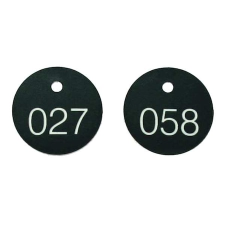 Engraved Numbered Tags, Plastic, 1 1/8 in H x 1 1/8 in W, 1 1/8 in Dia., Black/White, Round, 100 PK MPN:TDG302BK