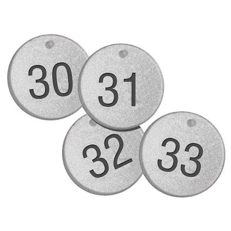 Subsurface Engraved Numbered Tags, Plastic, 1 1/2 in H x 1 1/2 in W, 1 1/2 in Dia., Black/Silver MPN:TDL156