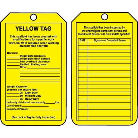 Tag, Yellow Tag, Plastic, 5 3/4 in H x 3 1/4 in W, Yellow, Rectangle, 25 PK MPN:TRS208PTP