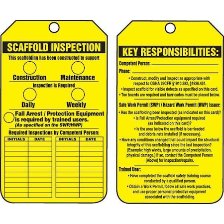 Tag, Scaffold, Plastic, 5 3/4 in H x 3 1/4 in W, Rectangle, 25 PK MPN:TRS318PTP