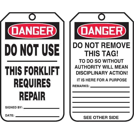 Tag, Forklift, Cardstock, 5 3/4 in H x 3 1/4 in W, Rectangle, 25 PK MPN:TRS327CTP