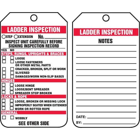 Tag, Ladder Inspection, Cardstock, 5 3/4 in H x 3 1/4 in W, Rectangle, 25 PK MPN:TRS340CTP