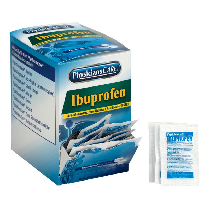 PhysiciansCare Ibuprofen Pain Reliever Medication, 2 Tablets Per Packet, Box of 50 Packets (Min Order Qty 5) MPN:90015