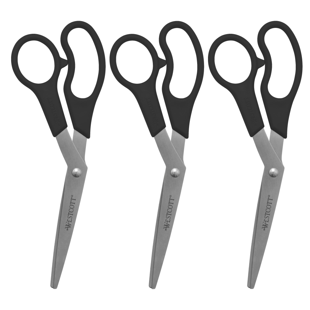 Westcott All-Purpose Value Stainless Steel Scissors, 8in, Pointed, Black, Pack Of 3 (Min Order Qty 29) MPN:13402