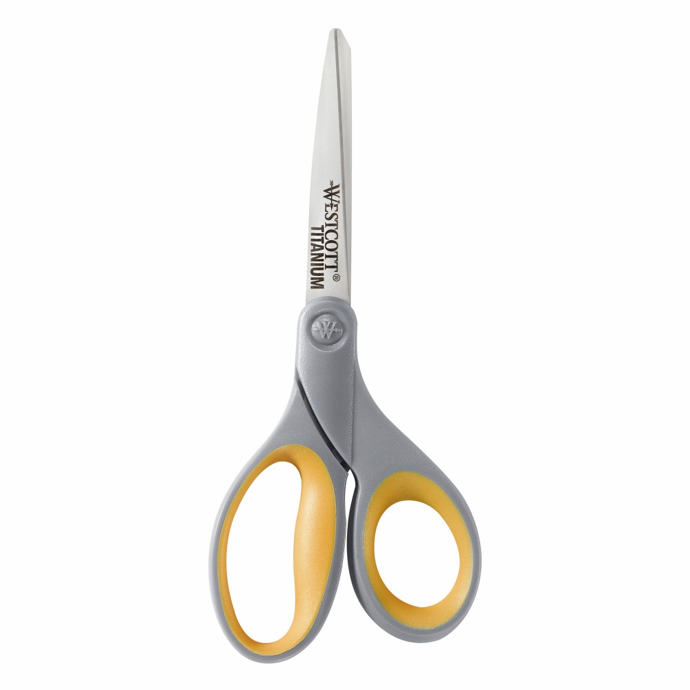 Westcott Titanium Bonded Scissors, 8in, Straight, Soft Handle, Adjustable Glide, Pointed, Gray/Yellow MPN:13529