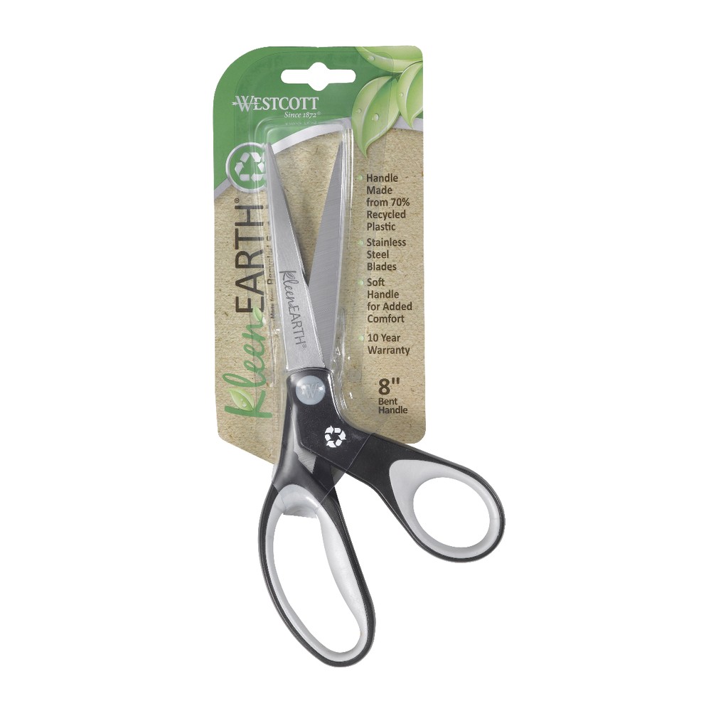 Westcott KleenEarth Bent Soft-Handle Scissors, 8in, Pointed, Black/Gray (Min Order Qty 11) MPN:15589