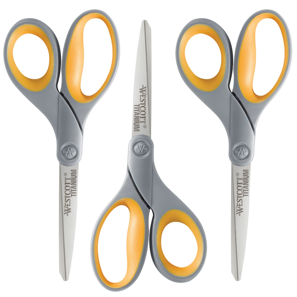 Westcott Titanium Bonded Scissor, 8in, Straight, Sft Hndl, Pntd, Gray/Yel, 3pk MPN:17532