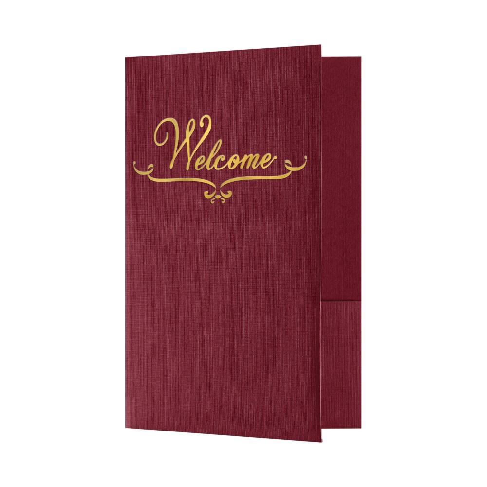 LUX Welcome Folders, 5 3/4in x 8 3/4in, Burgundy Linen/Gold Foil, Pack Of 25 Folders MPN:WEL-DB100-GF-25