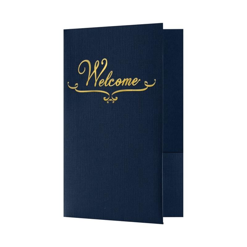 LUX Welcome Folders, 5 3/4in x 8 3/4in, Dark Blue Linen/Gold Foil, Pack Of 25 Folders MPN:WEL-DDBLU100-GF-25