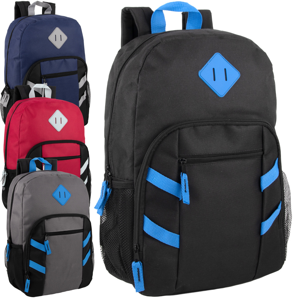Trailmaker Mesh Side Pocket Backpacks, Black/Blue/Gray/Red, Total Qty 24 MPN:4240Q24