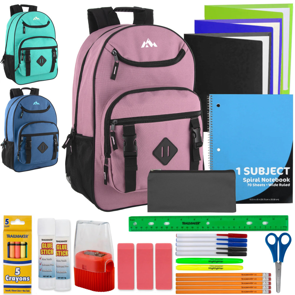Trailmaker Double Buckle Backpacks With 30-Piece School Supply Kits, Blue/Green/Purple, Total Qty 12 MPN:4256SSQ12