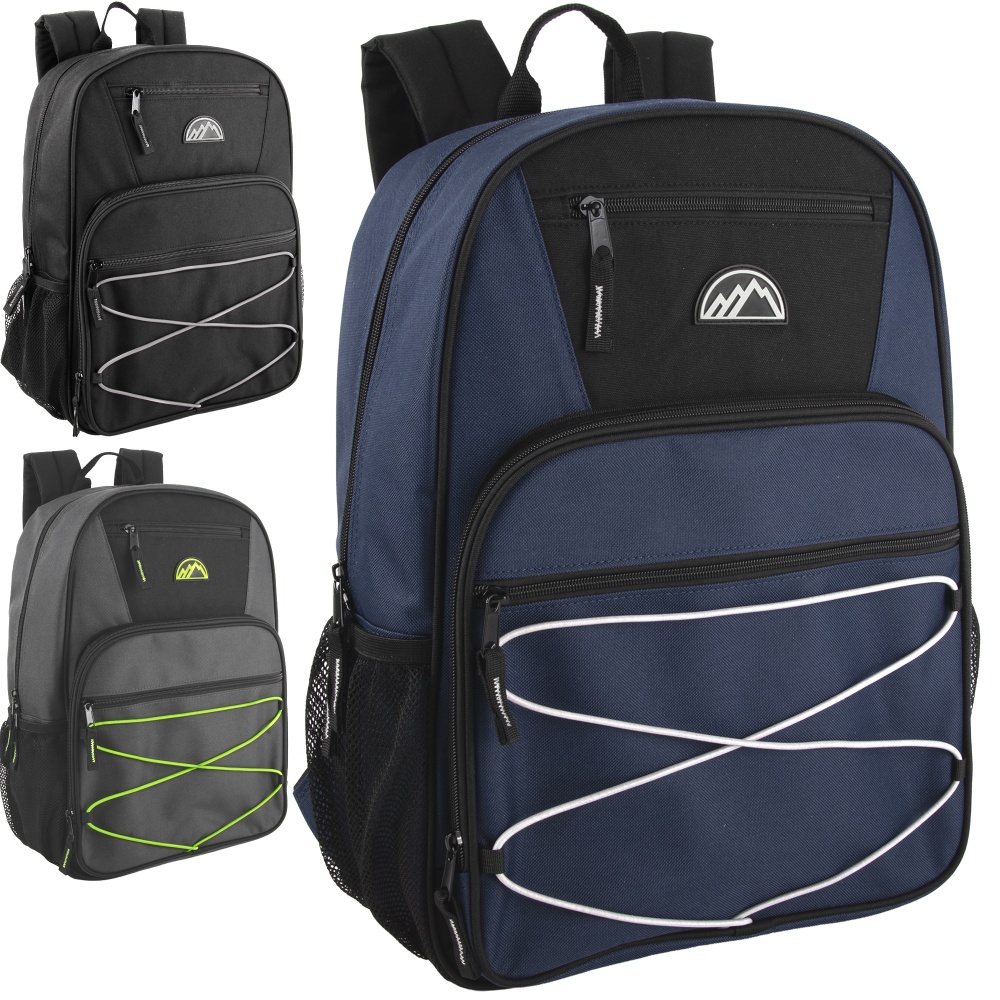 Mountain Edge Multi-Pocket Bungee Cord Sport Backpacks, Black/Blue/Gray, Total Qty 24 MPN:4266Q24