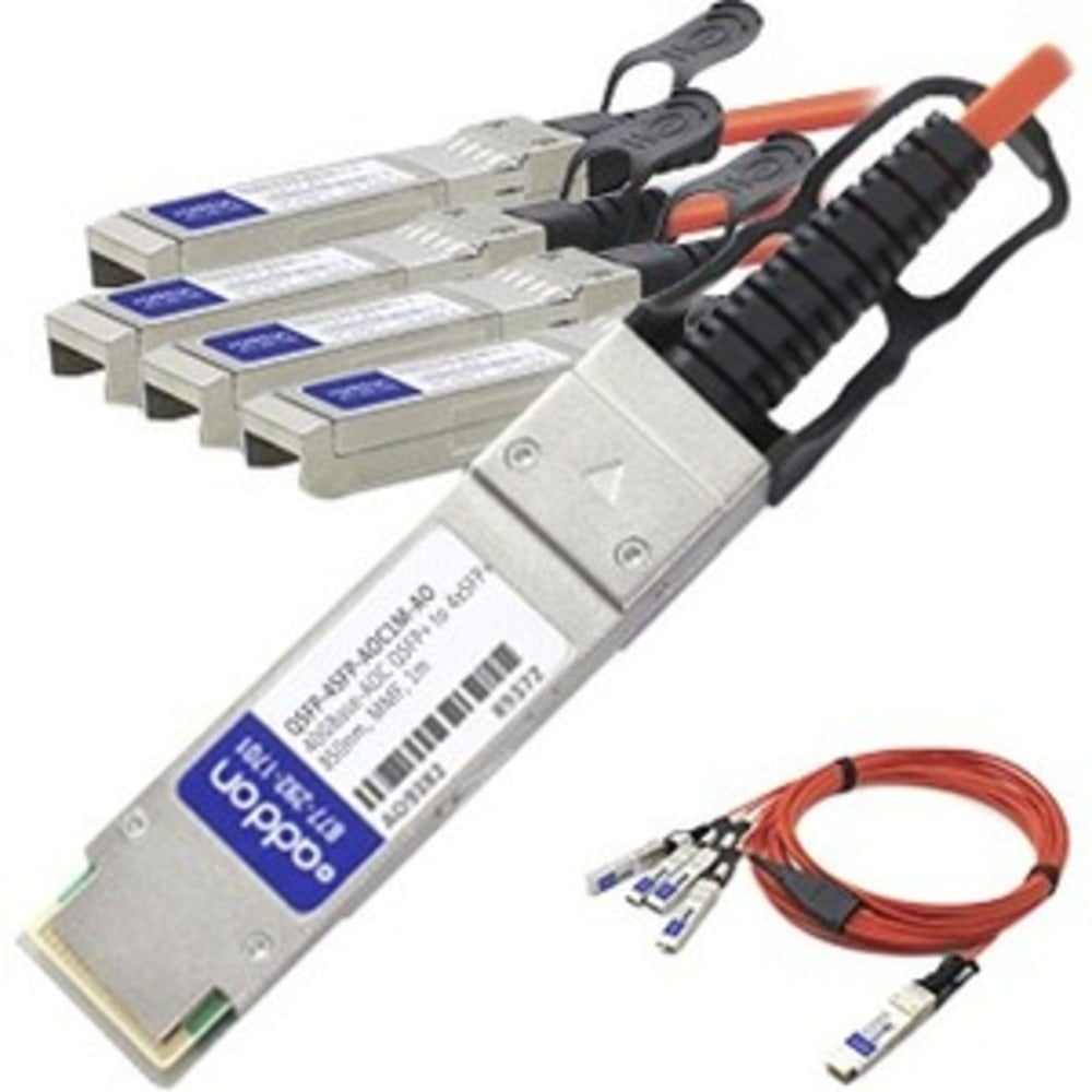 AddOn 1m Industry Standard QSFP+ Breakout AOC - 40GBase direct attach cable - SFP+ (M) to QSFP+ (M) - 1 m - fiber optic - active MPN:QSFP-4SFP-AOC1M-AO