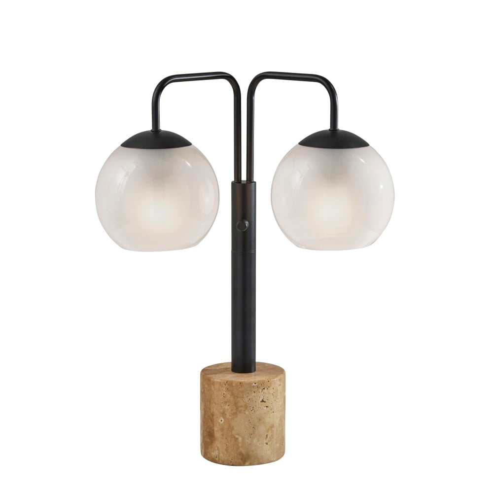 Adesso Stockton 2-Light Table Lamp, 23-1/2inH, White Glosted Glass Shade/Black & Travertine Base MPN:3124-01