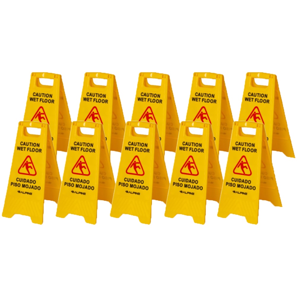 Alpine Industries Multilingual Caution Wet Floor Signs, 24-5/8in x 11-13/16in, Yellow, Pack Of 10 Signs MPN:ALP499-10PK