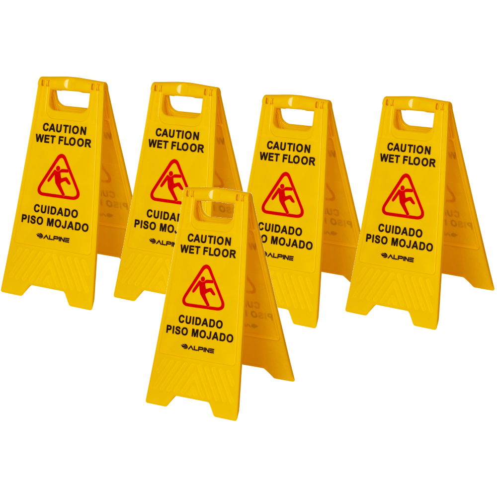 Alpine Industries Bilingual Caution Wet Floor Signs, 24-5/8in x 11-13/16in, Yellow, Pack Of 5 Signs MPN:ALP499-5PK