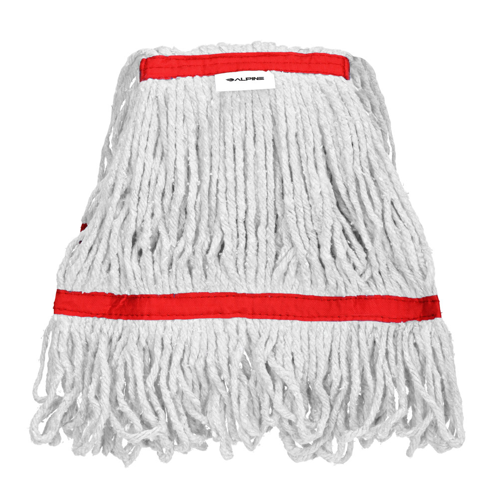 Alpine Industries Cotton Loop-End Mop Heads With 1in Head And Tail Bands, 16 Oz, White/Red, Set Of 12 Heads MPN:ALP301-01-1R-12PK