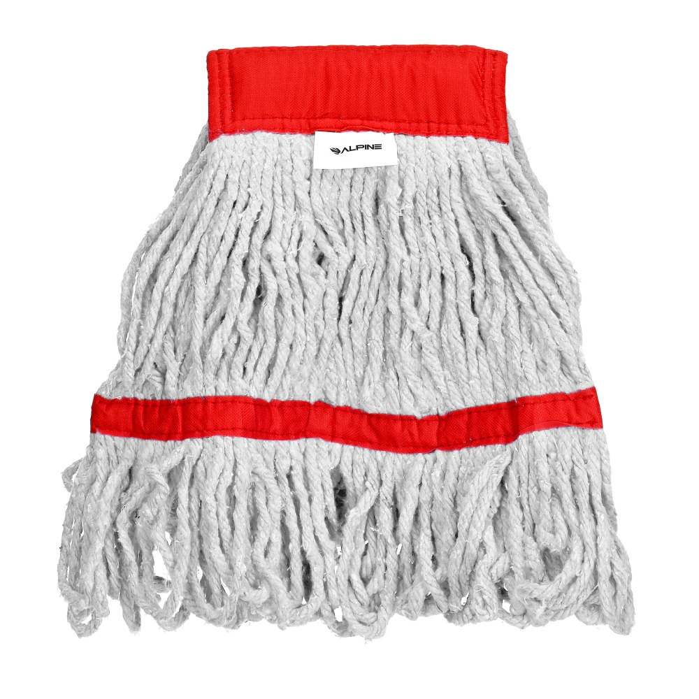 Alpine Industries Cotton Loop-End Mop Heads With 5in Head And Tail Bands, 16 Oz, White/Red, Set Of 12 Heads MPN:ALP301-01-5R-12PK
