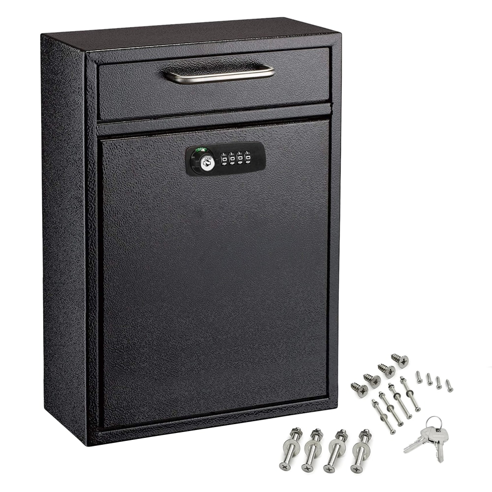 Alpine AdirOffice Large Drop Box Wall Mounted Locking Mail Box With Key And Combination Lock, 16 1/4 H x 11 1/4 W x 4 3/4 D, Black MPN:ADI631-04-BLK-KC