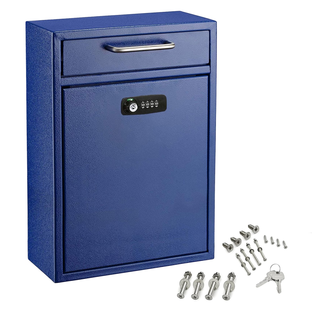 Alpine AdirOffice Large Drop Box Wall Mounted Locking Mail Box With Key And Combination Lock, 16-1/4inH x 11-1/4inW, 4-3/4inD, Blue MPN:ADI631-04-BLU-KC