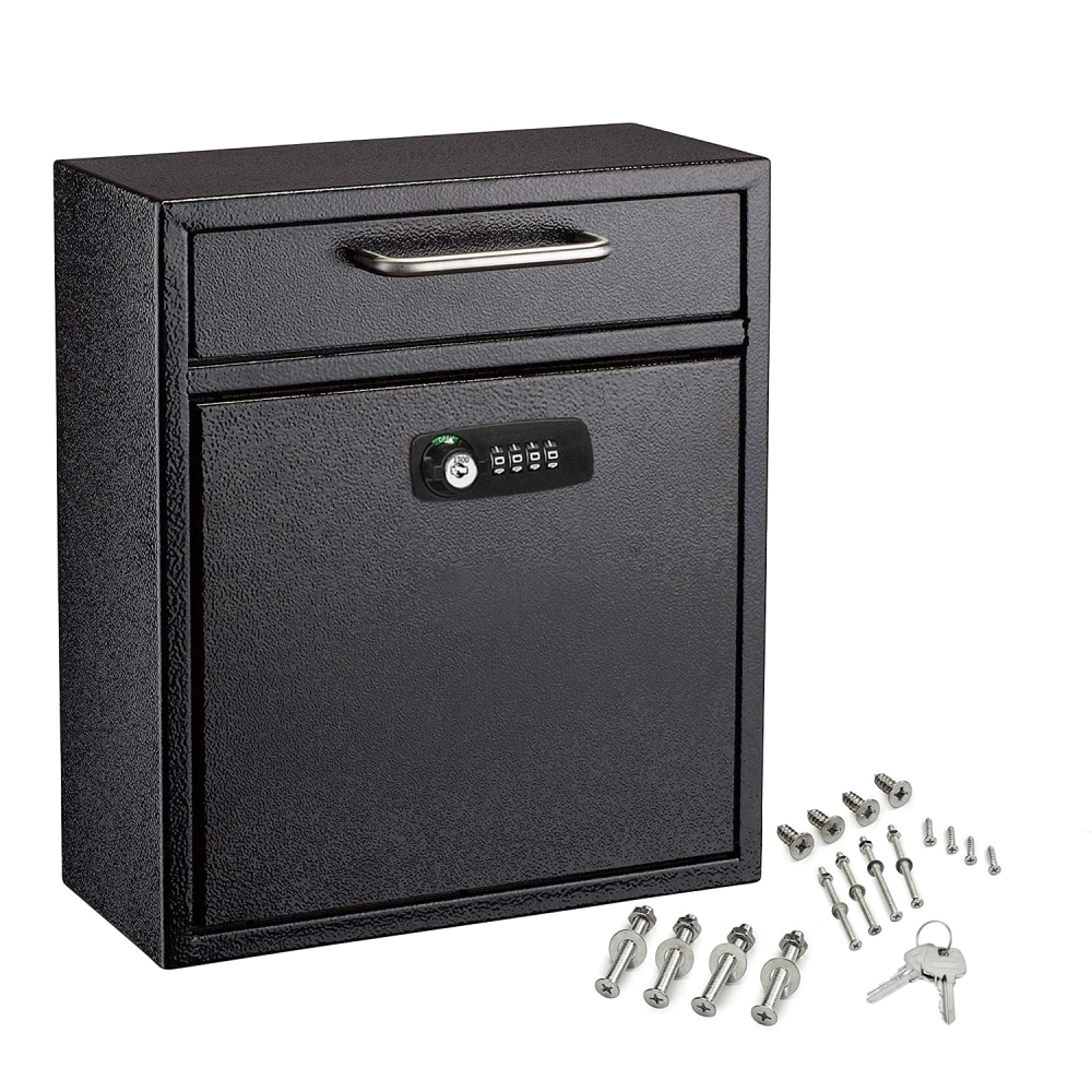 Alpine AdirOffice Medium Drop Box Wall Mounted Locking Mail Box With Key And Combination Lock, 12inH x 10-9/16inW x 4-3/4inD, Black MPN:ADI631-05-BLK-KC
