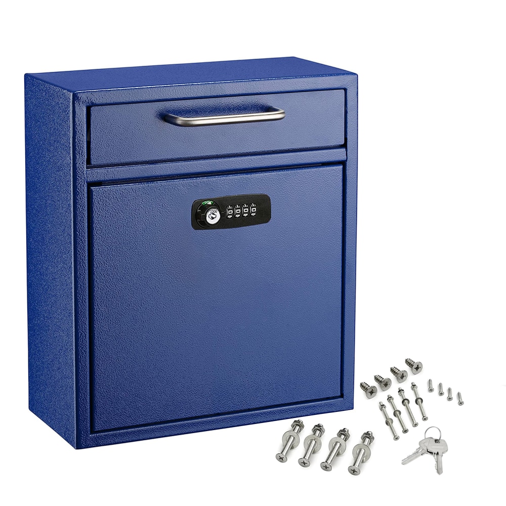 Alpine AdirOffice Medium Drop Box Wall Mounted Locking Mail Box With Key And Combination Lock, 12inH x 10-9/16inW x 4-3/4inD, Blue MPN:ADI631-05-BLU-KC