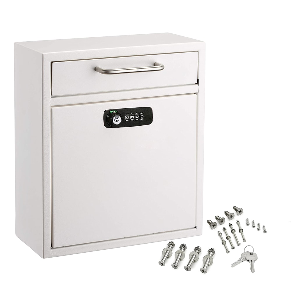 Alpine AdirOffice Medium Drop Box Wall Mounted Locking Mail Box With Key And Combination Lock, 12inH x 10-9/16inW x 4-3/4inD, White MPN:ADI631-05-WHI-KC
