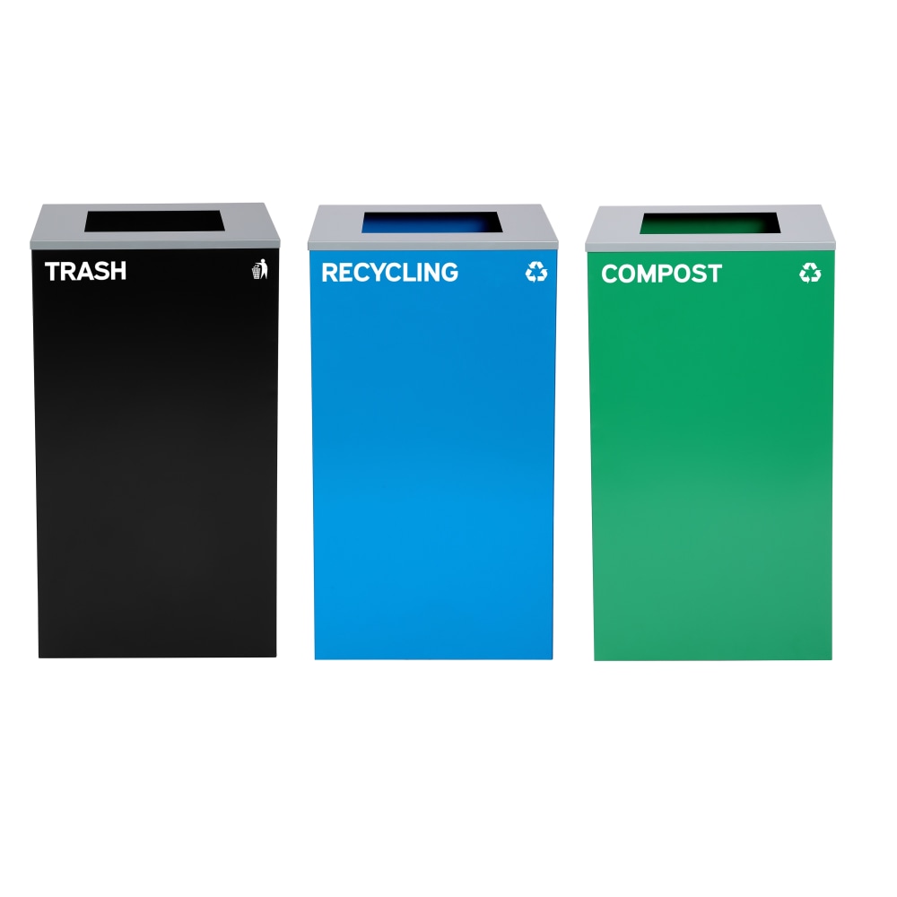Alpine Industries Stainless-Steel Open Top Recycling, Compost And Trash Can Set With Square Lids, 29 Gallons Black/Blue/Green - ALP4450-BLK-KIT14 MPN:ALP4450-BLK-KIT14