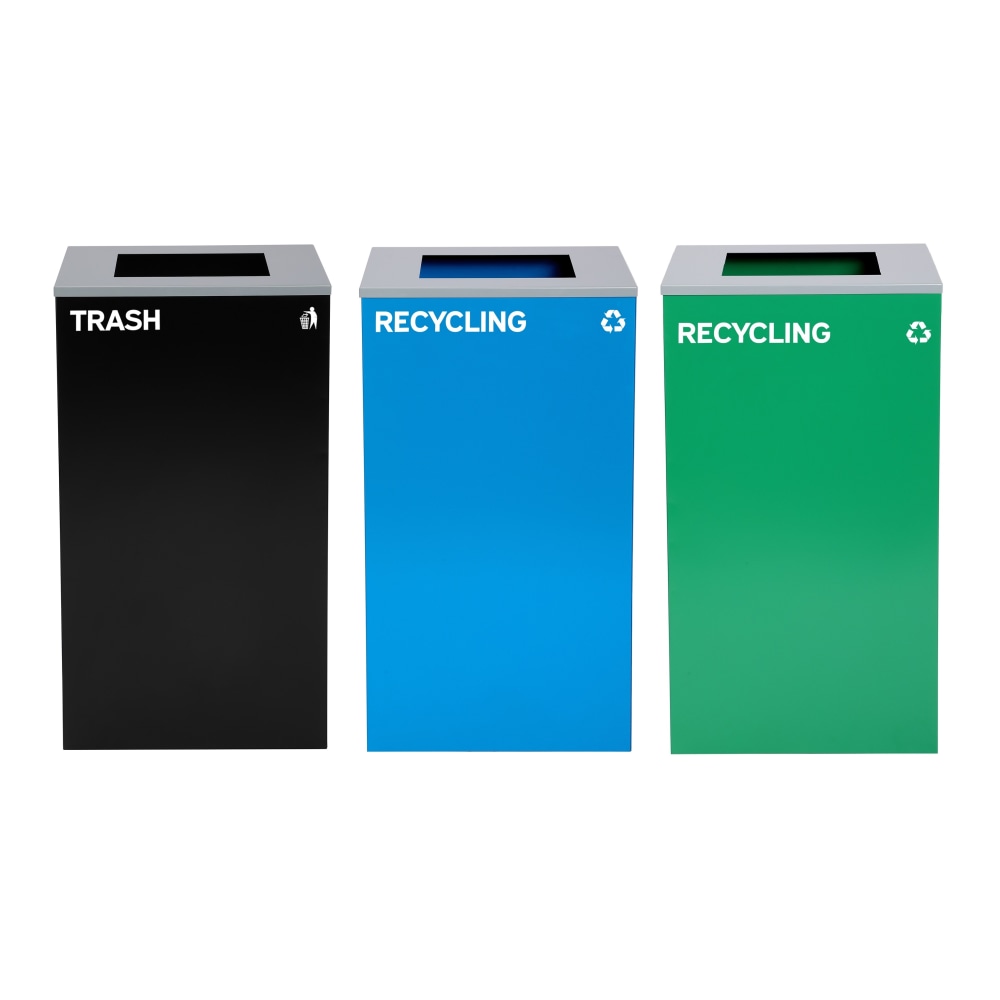 Alpine Industries Stainless-Steel Open Top Recycling And Trash Can Set With Square Lids, 29 Gallons Black/Blue/Green - ALP4450-BLK-KIT17 MPN:ALP4450-BLK-KIT17