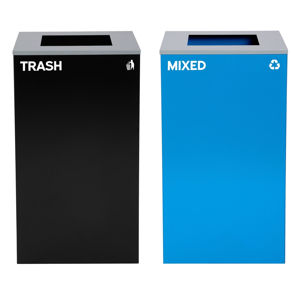 Alpine Industries Stainless-Steel Open Top Mixed Recycling And Trash Can Set With Square Lids, 29 Gallons, Black/Blue - ALP4450-BLK-KIT2 MPN:ALP4450-BLK-KIT2