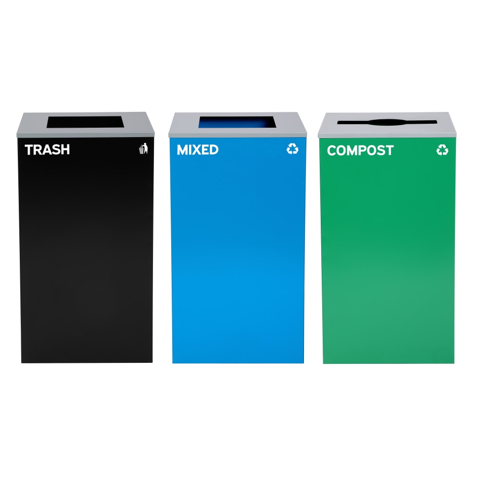 Alpine Industries Stainless-Steel Open Top Mixed Recycling, Compost And Trash Can Set, 29 Gallons Black/Blue/Green - ALP4450-BLK-KIT24 MPN:ALP4450-BLK-KIT24