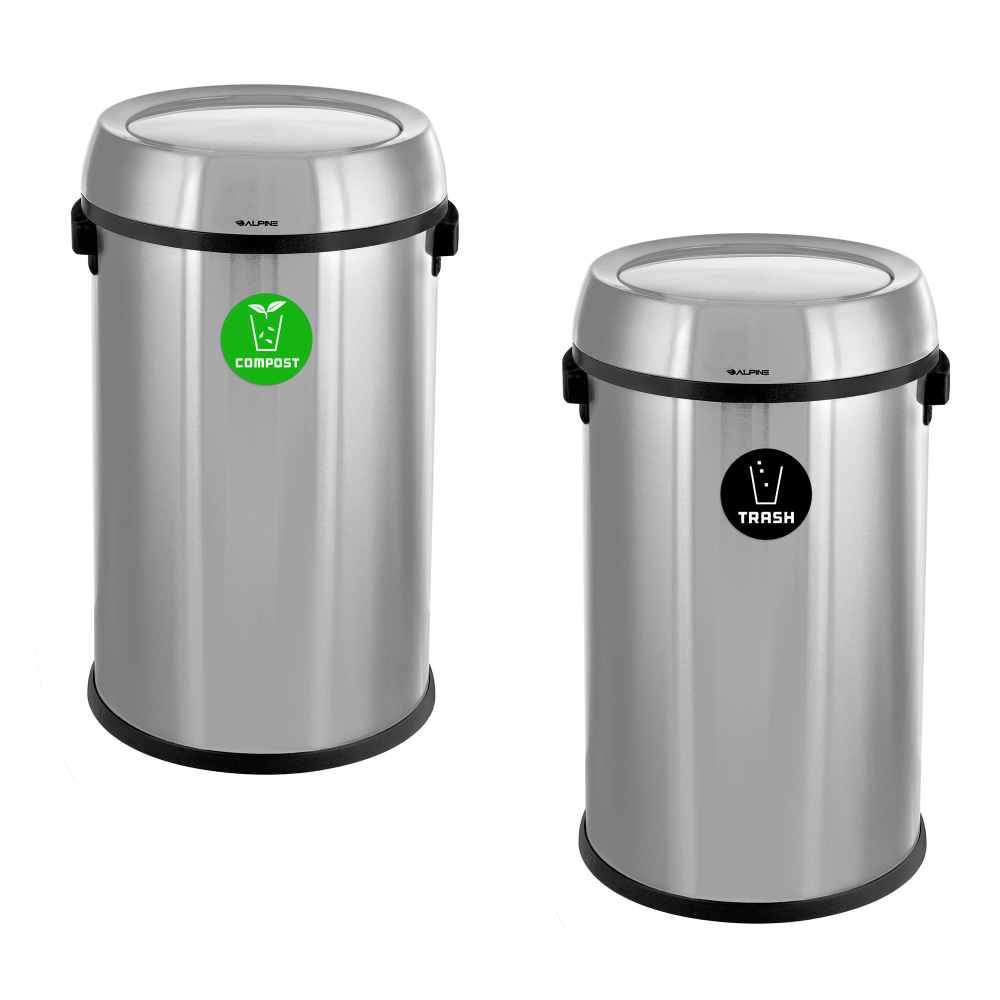 Alpine Industries Stainless Steel Indoor Compost And Trash Bins With Swivel Lids, 17 Gallons, Silver, Pack Of 2 Bins MPN:ALP470-65L-1-CO-T