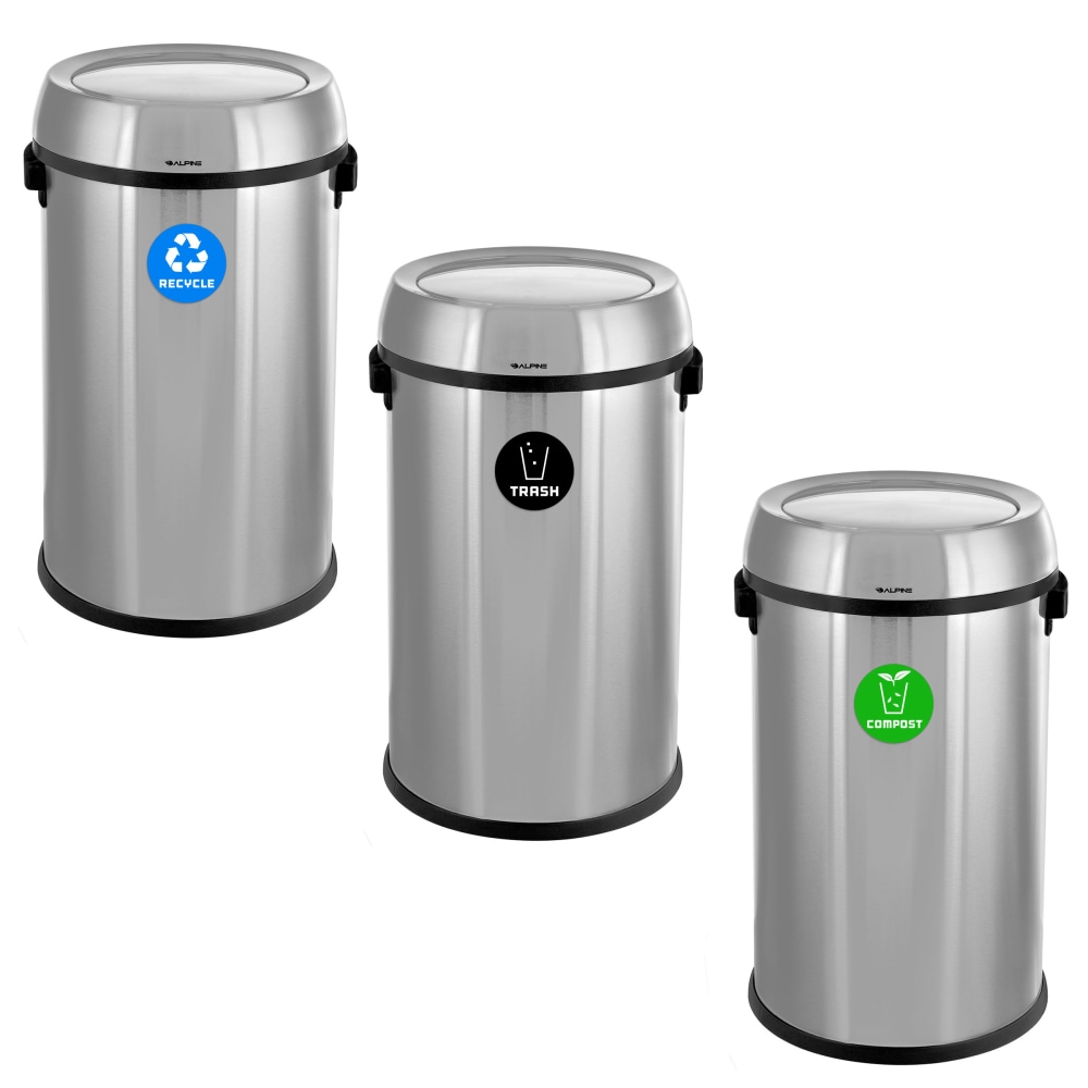 Alpine Industries Stainless Steel Indoor Recycling, Trash And Compost Bins With Swivel Lids, 17 Gallons, Silver, Pack Of 3 Bins MPN:ALP470-65L-1-R-T-CO