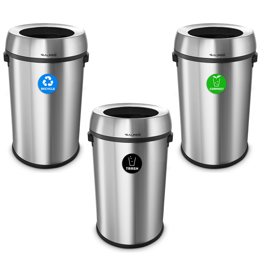 Alpine Industries Stainless Steel Open Top Recycling, Trash And Compost Station, 17 Gallons, Silver MPN:ALP470-65L-R-T-CO