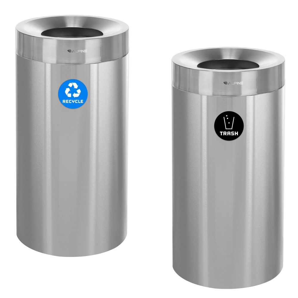 Alpine Industries Stainless Steel Recycling Can And Trash Receptacles, 27 Gallons, Silver, Pack Of 2 Receptacles MPN:ALP475-27-R-T