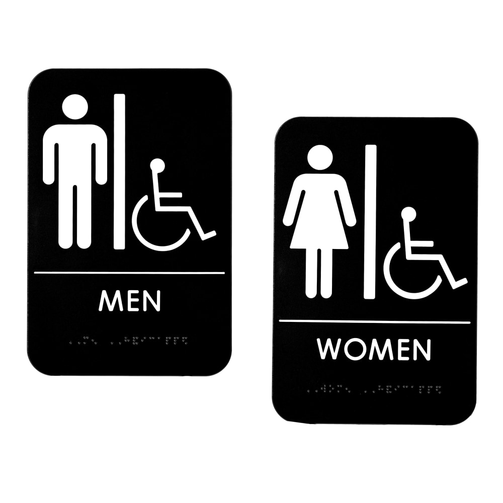 Alpine Men And Women Handicapped Restroom Signs, 9in x 6in, Black/White, Pack Of 14 Signs MPN:ALPSGN-B-3-14PK