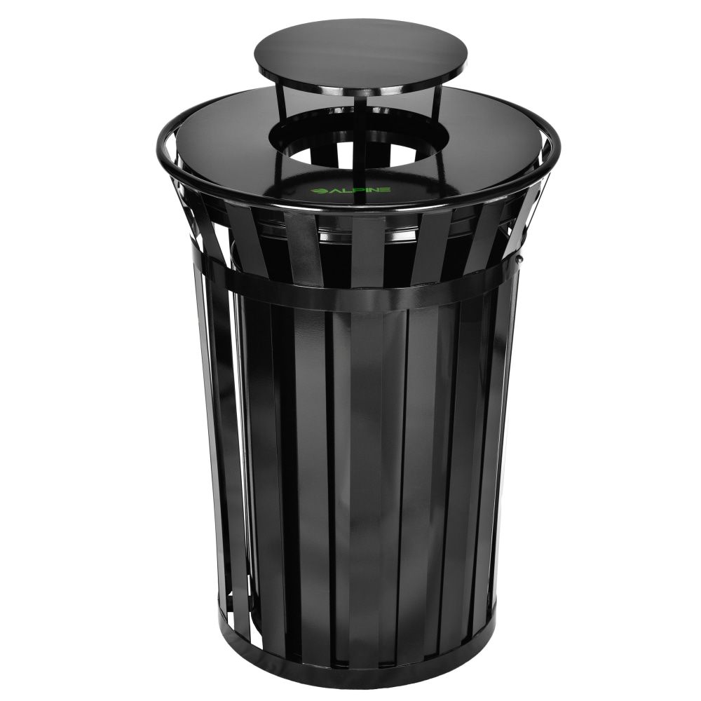 Alpine 38-Gallon Metal-Slatted Outdoor Commercial Trash Can, With Lid, Black MPN:479-38-1
