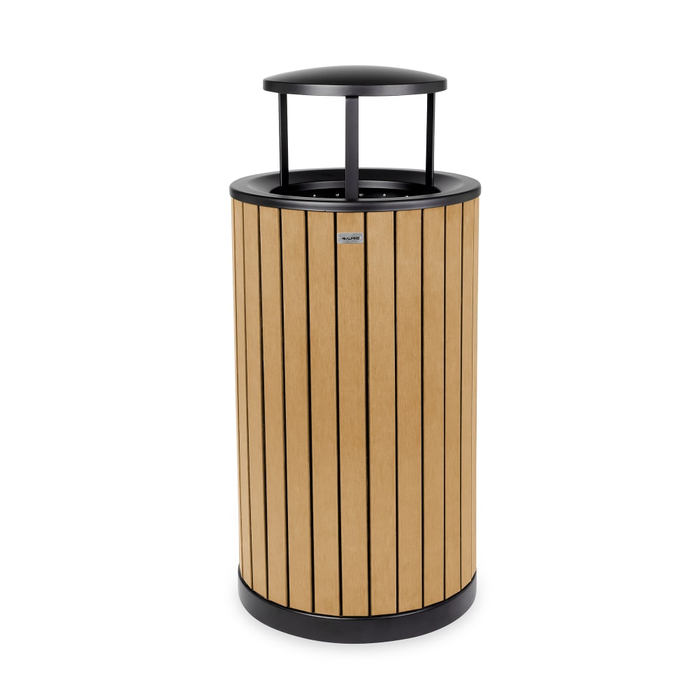 Alpine Slatted Recycled Plastic Panel Round Outdoor Trash Can with Rain Bonnet Lid, 32 Gallon, 33-7/8inH x 20inW x 20D, Cedar MPN:ALP4400-01-CD-RB
