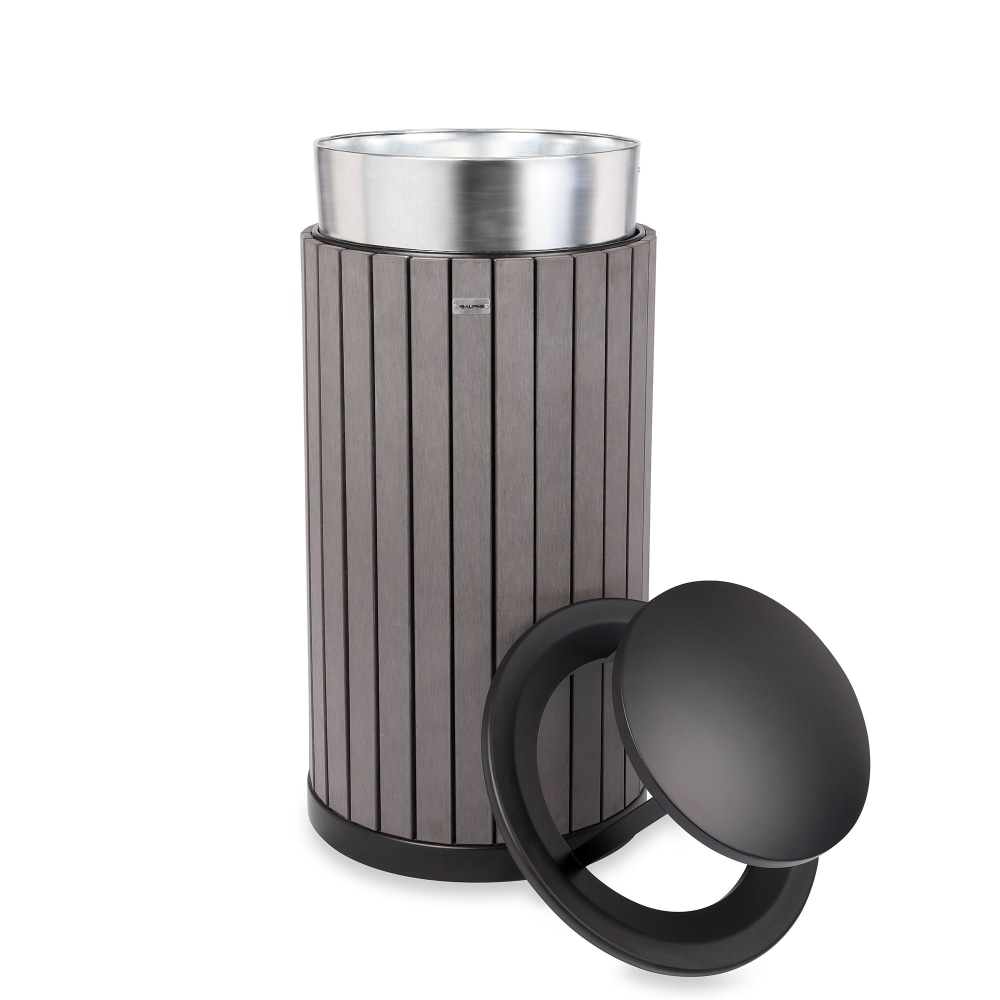 Alpine Slatted Recycled Plastic Panel Round Outdoor Trash Can with Rain Bonnet Lid, 32 Gallon, 33-7/8inH x 20inW x 20D, Gray MPN:ALP4400-01-GRY-RB