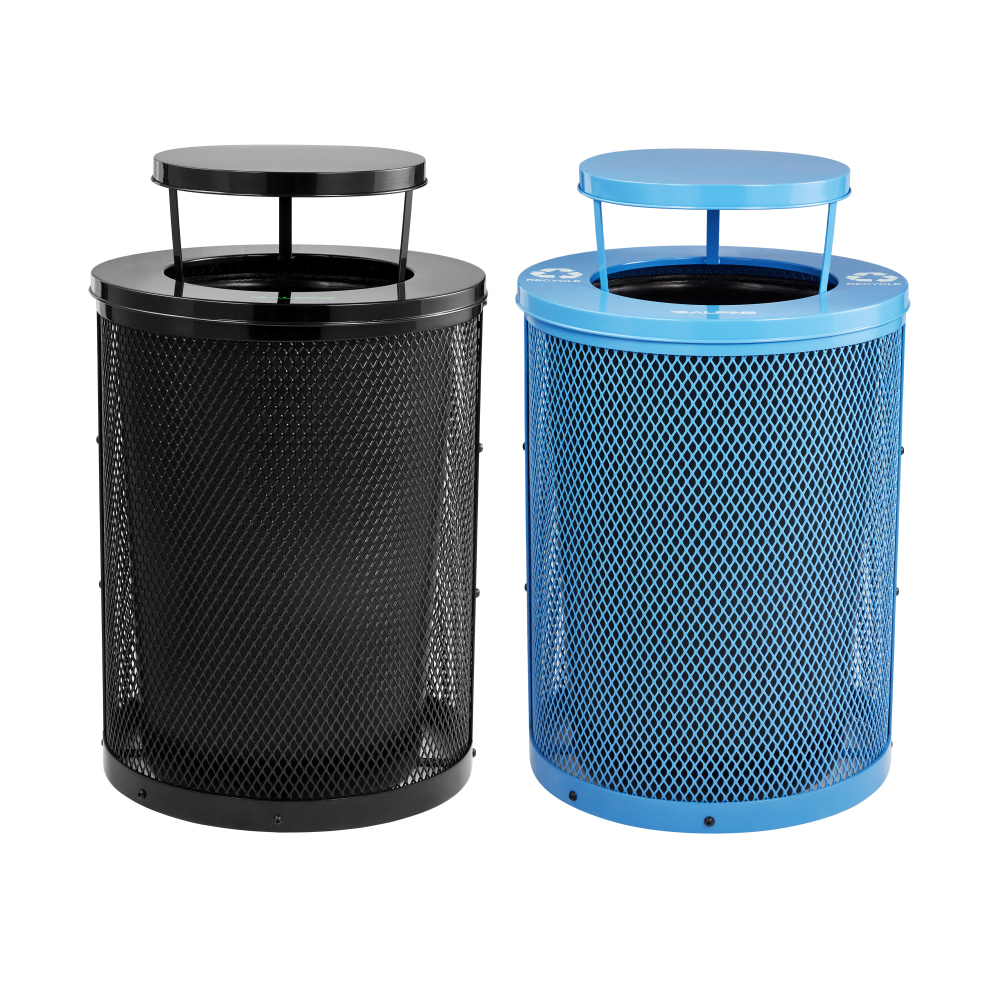 Alpine 36 Gallon Round Diamond Steel Trash Can with Rain Bonnet Lid and Insert Liner, Black and Blue, 2 Pack MPN:ALP4460-01-F