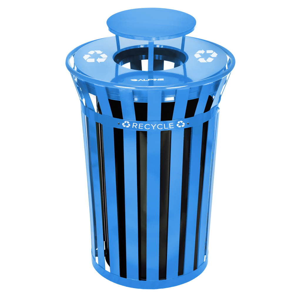 Alpine Industries Metal Slatted Outdoor Commercial Trash Can Receptacle With Rain Bonnet Lid And Liner, 38 Gallons, Blue MPN:ALP479-38-1-BLU