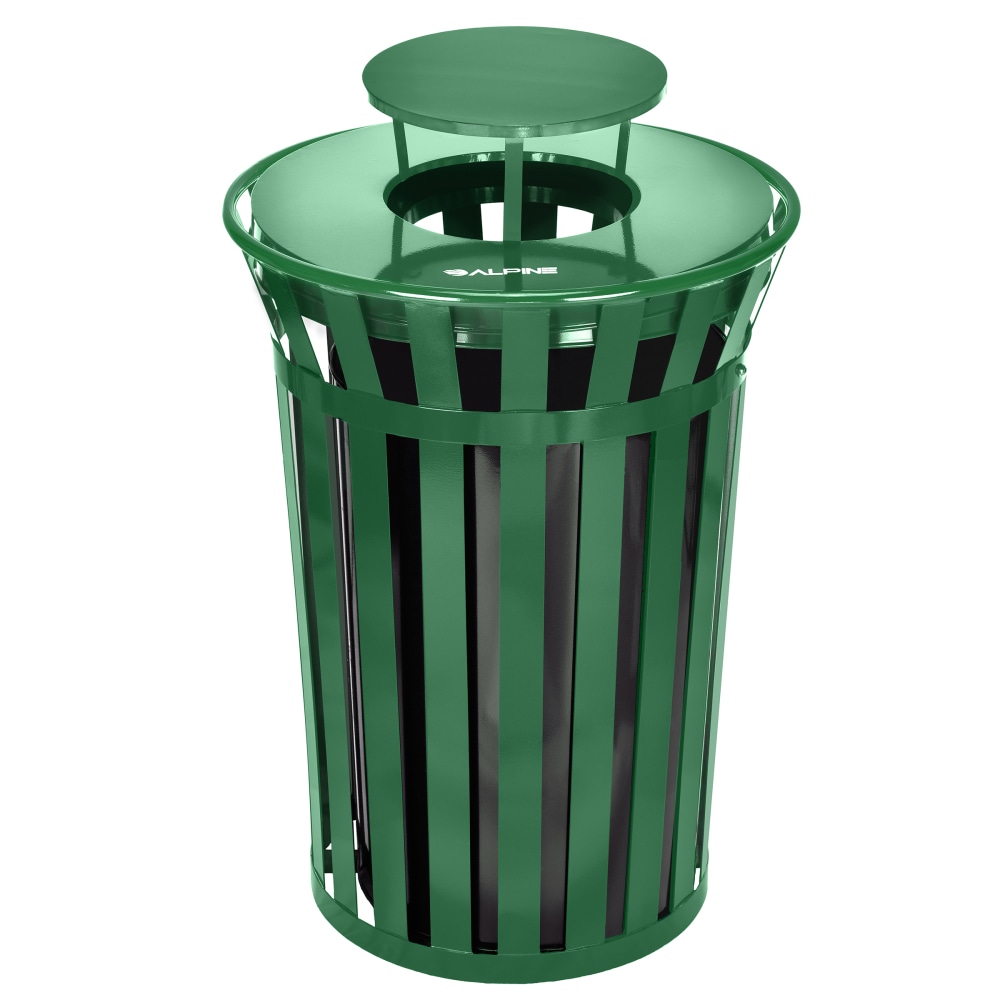 Alpine Industries Metal Slatted Outdoor Commercial Trash Can Receptacle With Rain Bonnet Lid And Liner, 38 Gallons, Green MPN:ALP479-38-1-GRN