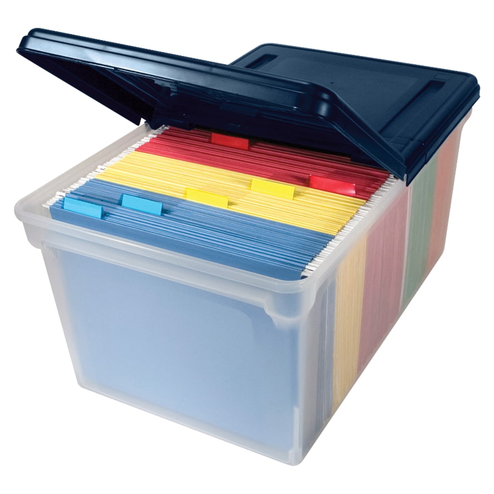 Advantus Extra Capacity Storage File Tote With Lid, Letter Size, 10 13/16in x 23in x 14 1/8in, Clear/Navy MPN:55797