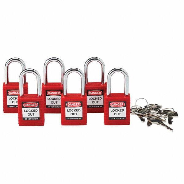 Lockout Padlock: Keyed Alike, Key Retaining, Nylon, Nylon Shackle, Red MPN:105890 - Pkg Qty 6