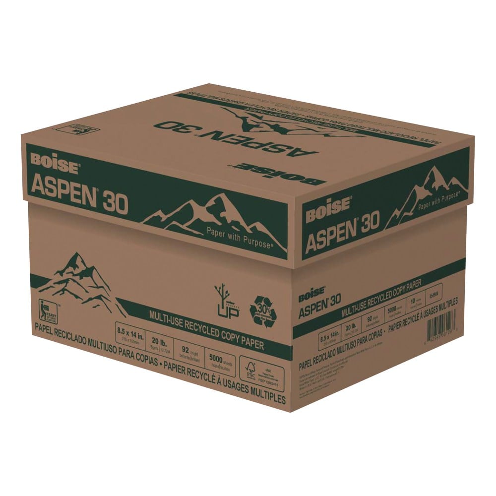 Boise ASPEN 30 Multi-Use Printer & Copy Paper, White, Legal (8.5in x 14in), 5000 Sheets Per Case, 20 Lb, 92 Brightness, 30% Recycled, FSC Certified, Case Of 10 Reams MPN:054904-CTN