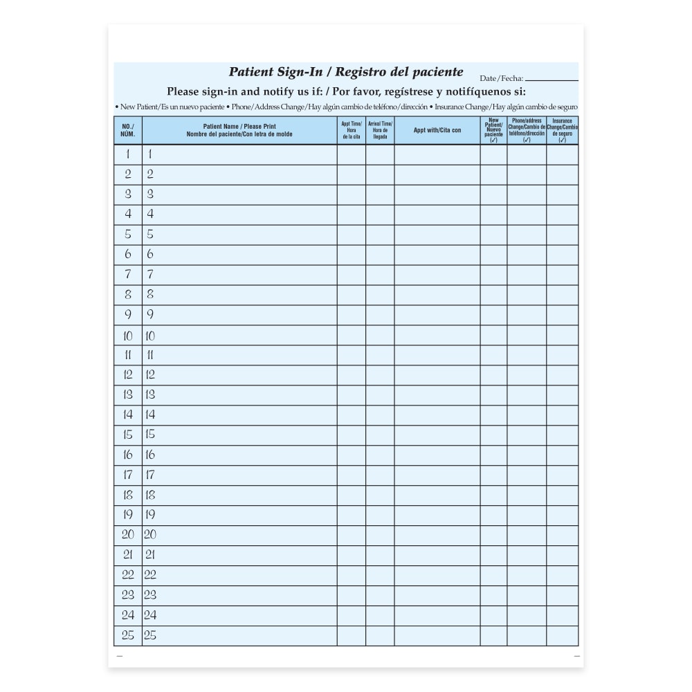 HIPAA Compliant Bilingual Patient/Visitor Privacy 2-Part Sign-In Sheets, 8-1/2in x 11in, Blue, Pack Of 125 Sheets MPN:W-PSGN-BIL